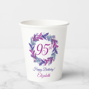 Elegant Pink and Purple Wreath 95th Birthday Paper Cups