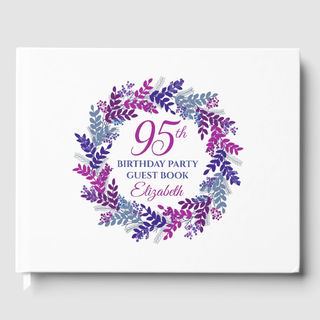 Elegant Pink and Purple Wreath 95th Birthday Party Guest Book (Front)