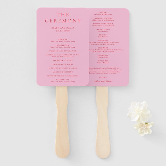 Elegant Pink and Red Classic Wedding Program Hand Fan (Front and Back)