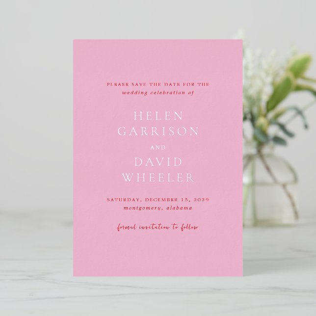 Elegant Pink and Red Classic Wedding Save the Date (Standing Front)