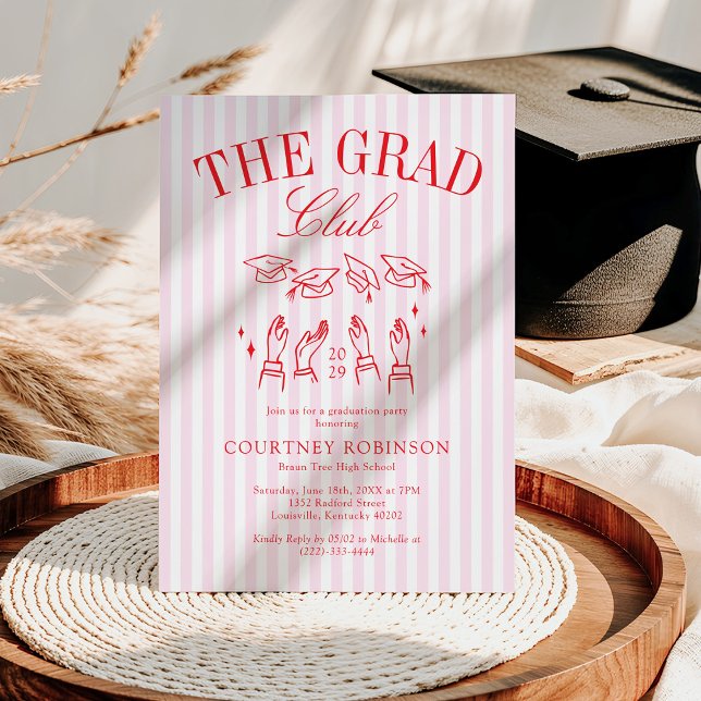 Elegant Pink and Red Grad Club Graduation Invitation (Creator Uploaded)