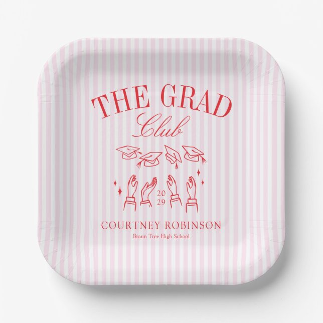 Elegant Pink and Red Grad Club Graduation Paper Plate (Front)