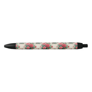Elegant Pink and Red Rose Bouquets Black Ink Pen