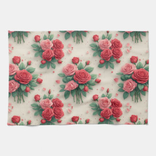 Elegant Pink and Red Rose Bouquets Tea Towel