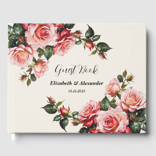 Elegant pink and red roses floral wedding  guest book