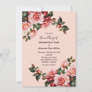 Elegant pink and red roses floral wedding invitation