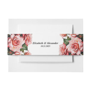 Elegant pink and red roses floral wedding invitation belly band