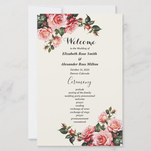 Elegant pink and red roses floral wedding program (Front)