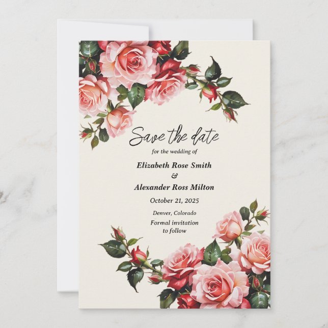 Elegant pink and red roses floral wedding  save the date (Front)