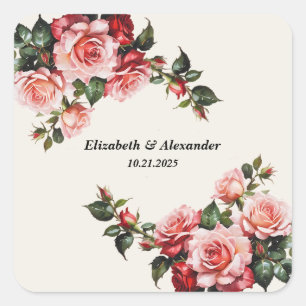 Elegant pink and red roses floral wedding square sticker