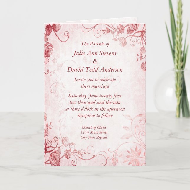 Elegant Pink and Red Vintage Wedding Invitation (Front)