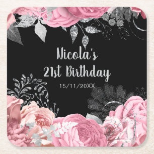 Elegant Pink and Silver Flowers Birthday Party Square Paper Coaster
