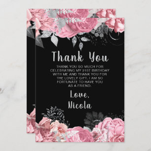 Elegant Pink and Silver Flowers Birthday Party Thank You Card