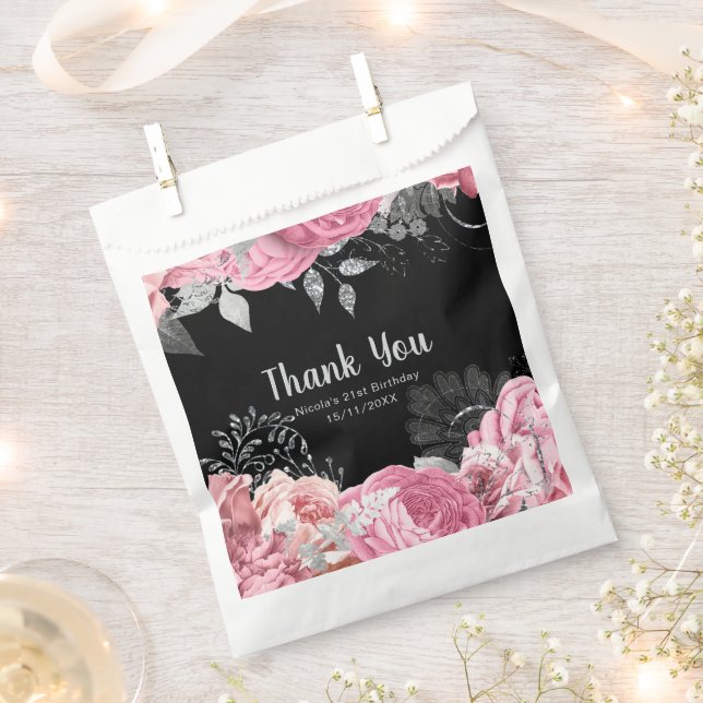 Elegant Pink and Silver Flowers Sweet Sixteen  Favour Bag (Clipped)
