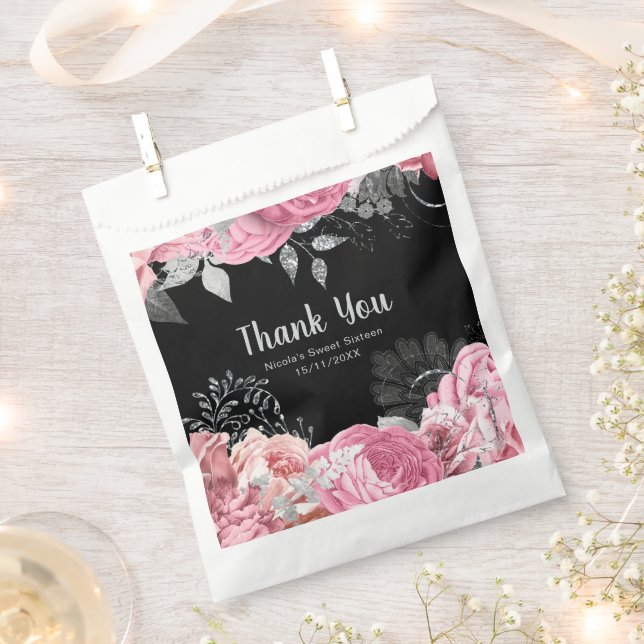 Elegant Pink and Silver Flowers Sweet Sixteen Favour Bag (Clipped)