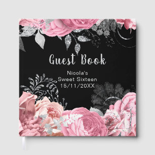 Elegant Pink and Silver Flowers Sweet Sixteen Guest Book