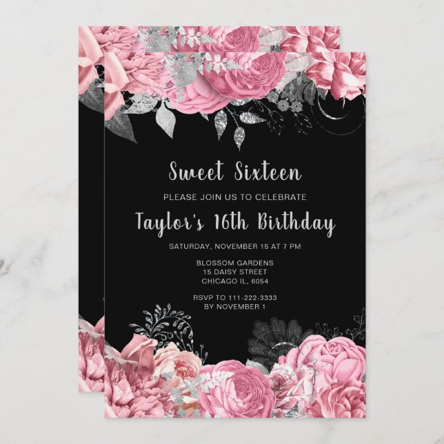 Elegant Pink and Silver Flowers Sweet Sixteen Invitation (Front/Back)