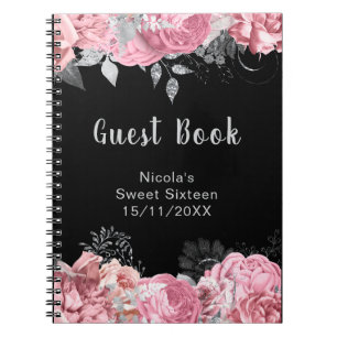 Elegant Pink and Silver Flowers Sweet Sixteen Notebook