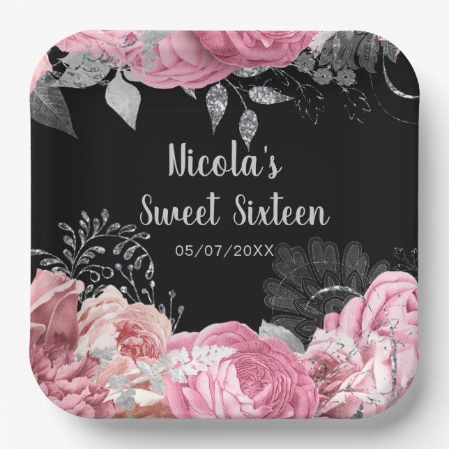 Elegant Pink and Silver Flowers Sweet Sixteen  Paper Plate (Front)