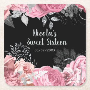 Elegant Pink and Silver Flowers Sweet Sixteen Square Paper Coaster