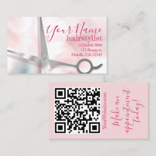 Elegant Pink and Silver Scissors Hairstylist  Business Card