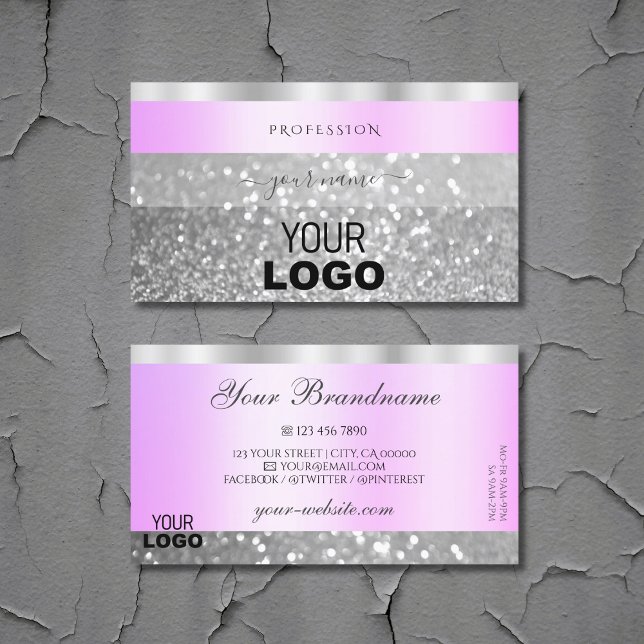 Elegant Pink and Silver Sparkling Glitter Add Logo Business Card (Creator Uploaded)
