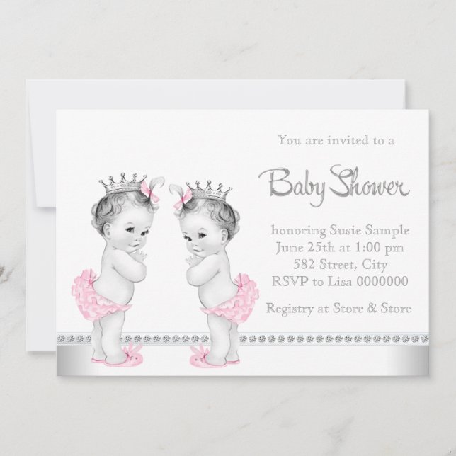 Elegant Pink and Silver Twin Girl Baby Shower Invitation (Front)