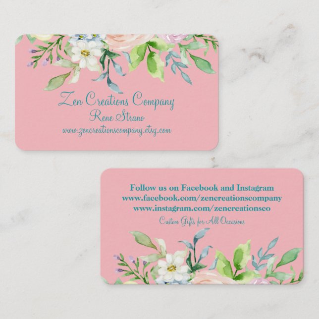 Elegant Pink and Teal Floral Business Card (Front/Back)