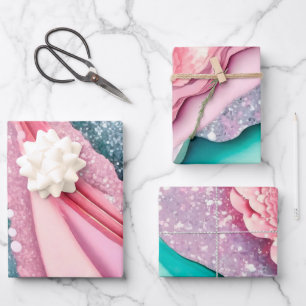 Elegant Pink and Turquoise Glitter Alcohol Ink Wrapping Paper Sheet