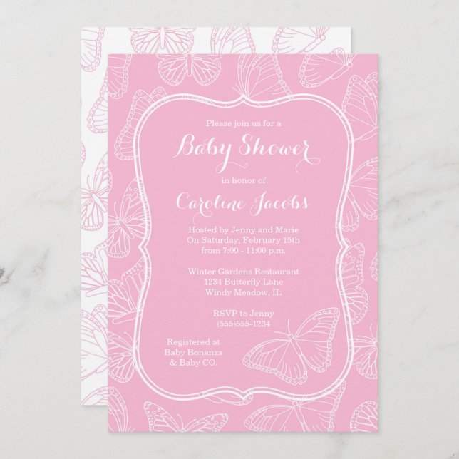Elegant Pink and White Butterfly Baby Shower Invitation (Front/Back)