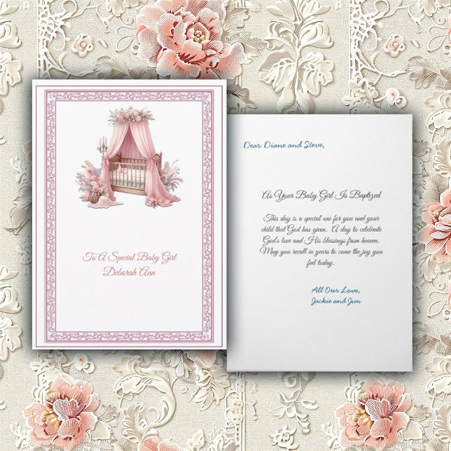Elegant Pink and White Crib Baby Girl Baptism Card (Creator Uploaded)