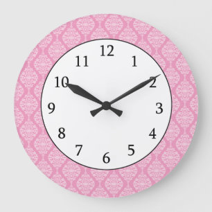 Elegant Pink And White  Damask Pattern Large Clock