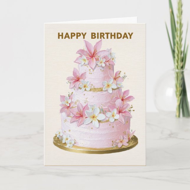 Elegant Pink and White Floral Cake Birthday Card (Front)