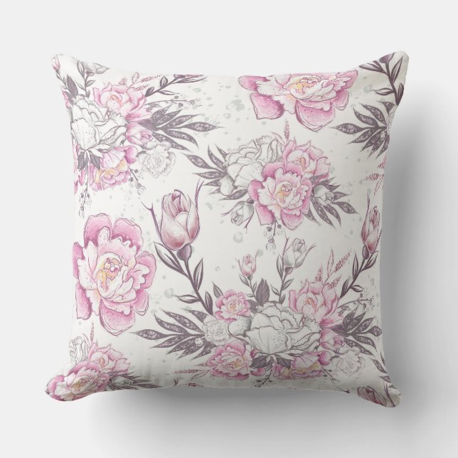 Elegant Pink and White Floral Design Grey Foliage  Cushion (Front)