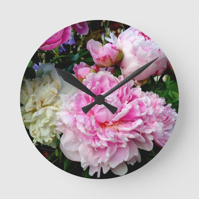Elegant Pink and White floral flowers  Peonies Round Clock (Front)