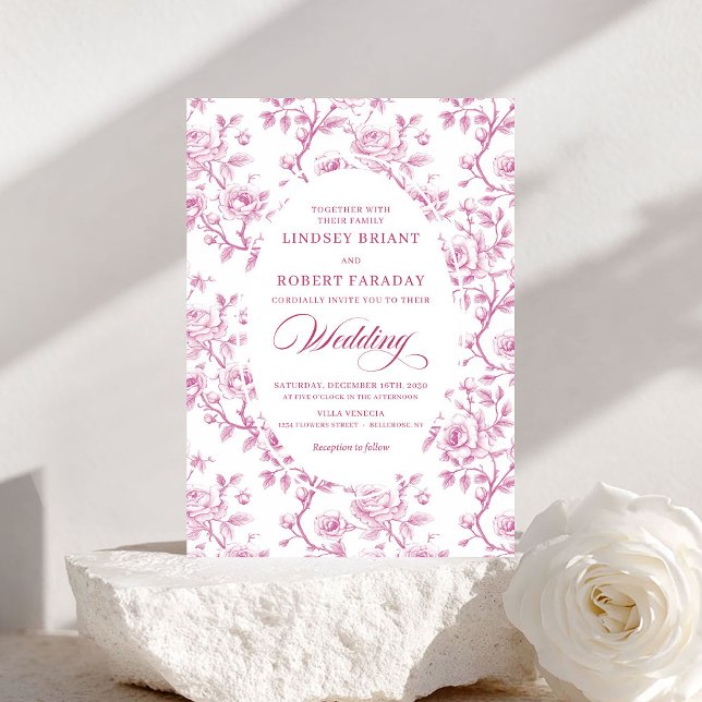 Elegant Pink and White Floral Toile Wedding Invite (Elegant Pink and White Floral Toile Wedding Invite)