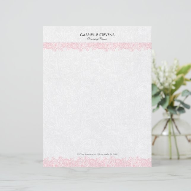 Elegant pink And White FlorPaisley Lace Custom Letterhead (Standing Front)