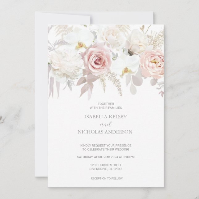 Elegant Pink and White Flower Wedding Invites (Front)