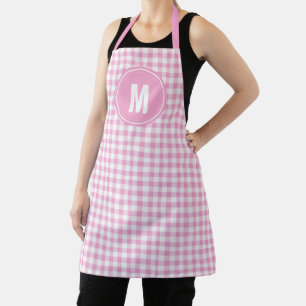 Elegant Pink and White Gingham Pattern Monogram Apron