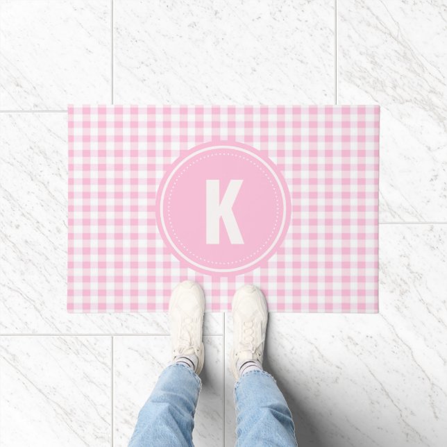 Elegant Pink and White Gingham Pattern Monogram Doormat (Indoor)
