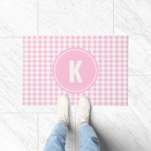 Elegant Pink and White Gingham Pattern Monogram Doormat