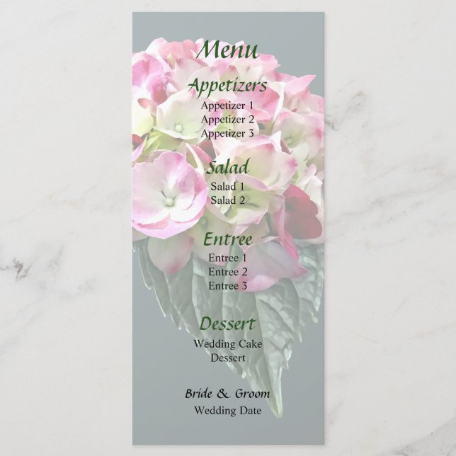 Elegant Pink and White Hydrangea Wedding Menu (Front)