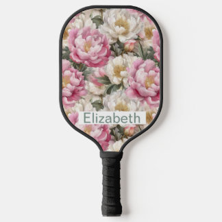 Elegant Pink and White Peony Personalised Pickleball Paddle