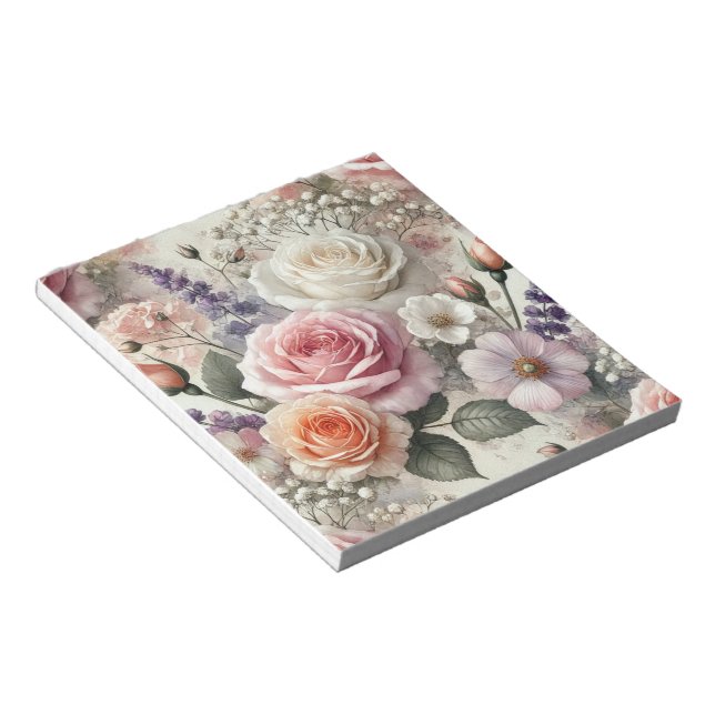 Elegant Pink and White Rose Pattern Notepad (Angled)