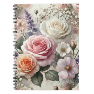Elegant Pink and White Rose Pattern Spiral Notebook