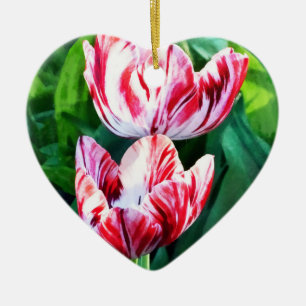 Elegant Pink And White Striped Tulips Ceramic Tree Decoration