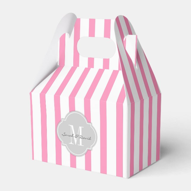 Elegant Pink and White Stripes with Monogram Favour Box (Front Side)