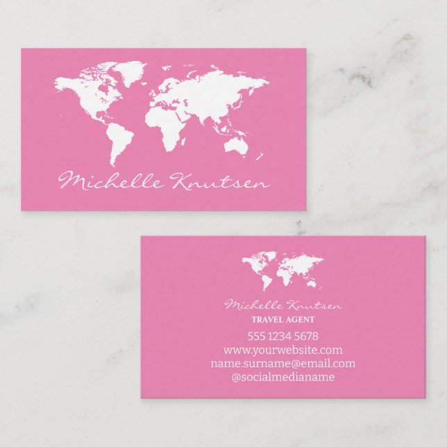 elegant Pink and white Travel Agent World Map  Business Card (Front/Back)