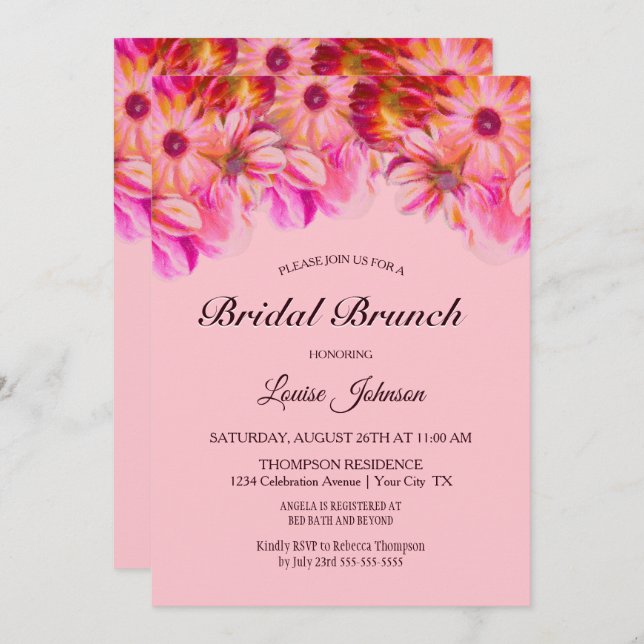 Elegant Pink and Yellow Floral Bridal Brunch Invitation (Front/Back)