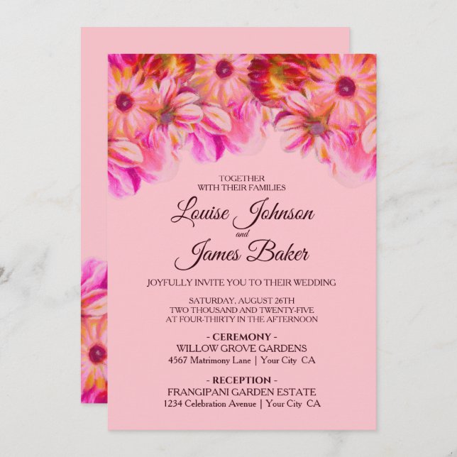 Elegant Pink and Yellow Floral Wedding Invitation (Front/Back)